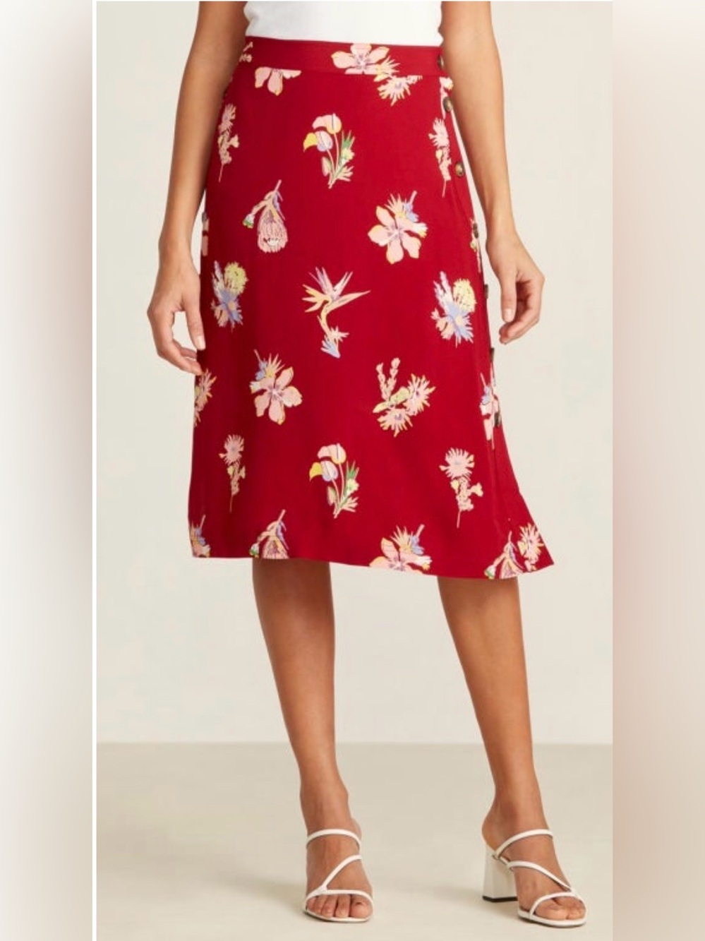 Madewell Burgundy Floral Midi Skirt with Side Buttons